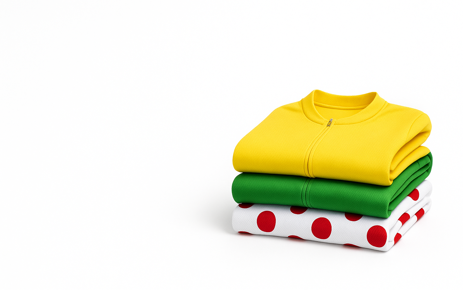 Stack of Tour de France jerseys (yellow leader, green sprinter, polka-dot climber) on white background
